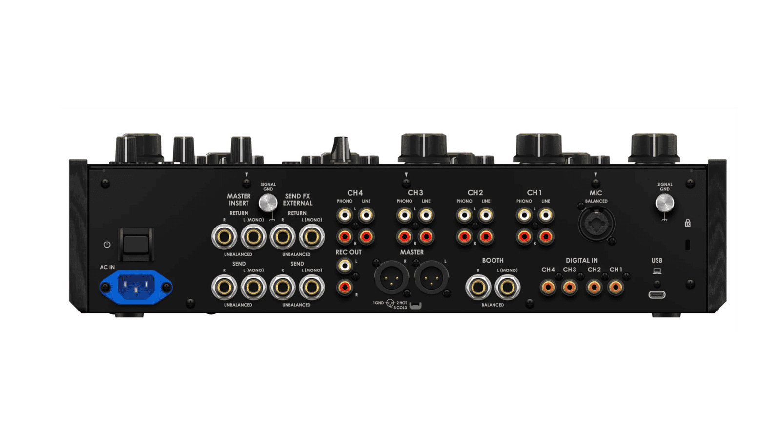 AlphaTheta euphonia rear panel showing all connections including master XLR, send/return, phono, line, digital and USB-C