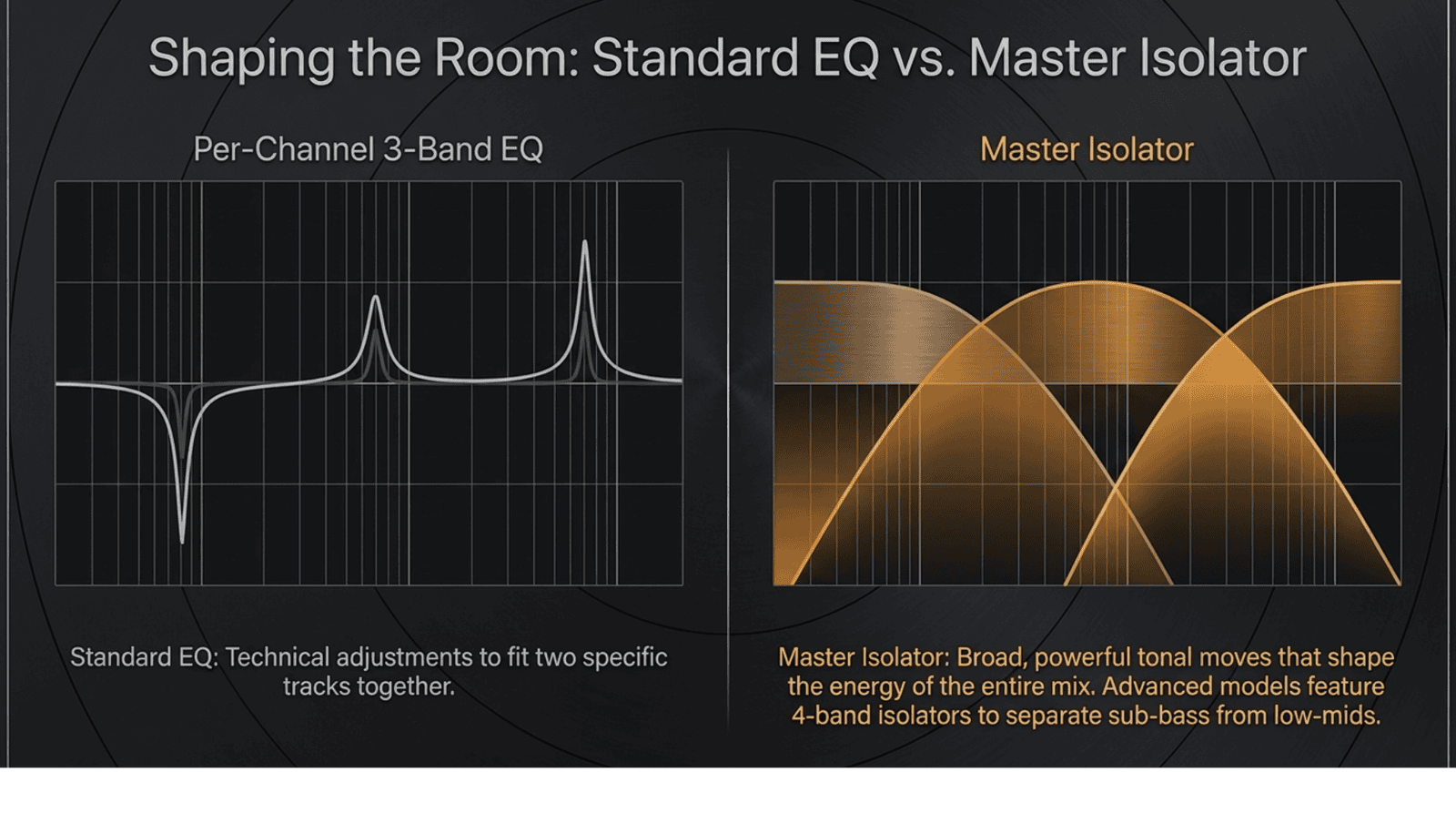 Diagram comparing standard 3-band EQ per channel versus a master isolator on a rotary mixer