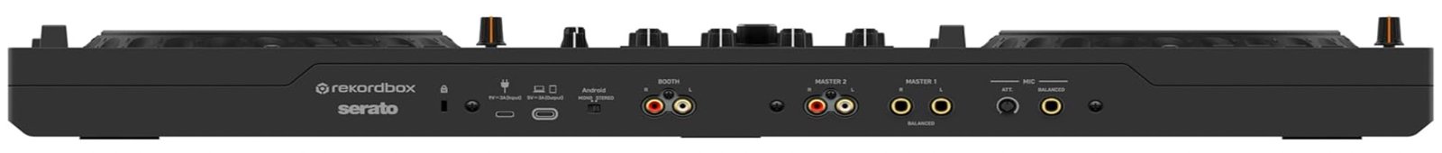 AlphaTheta DDJ-GRV6 rear panel showing outputs, mic input and USB-C connection
