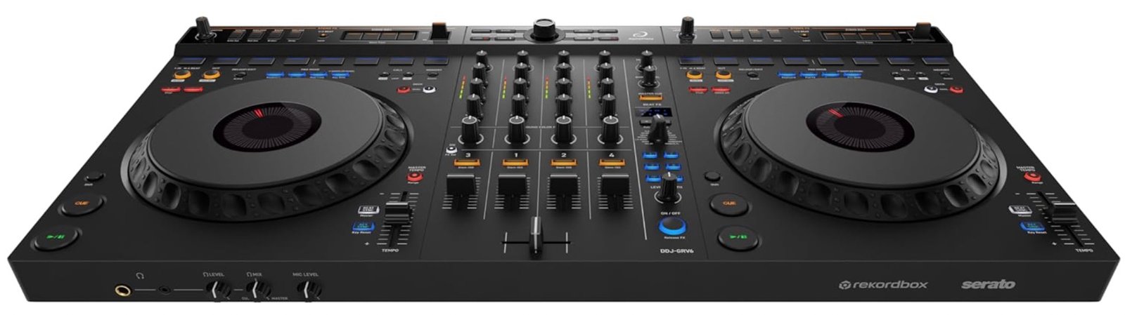 AlphaTheta DDJ-GRV6 front view — full layout including jog wheels, pads, and mixer section