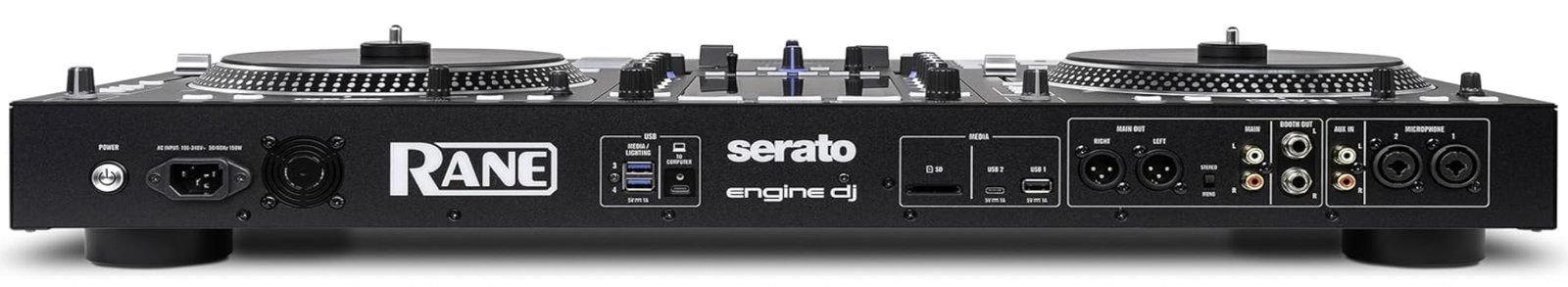 Rane System One rear panel showing XLR and RCA outputs, booth output, microphone inputs and USB ports