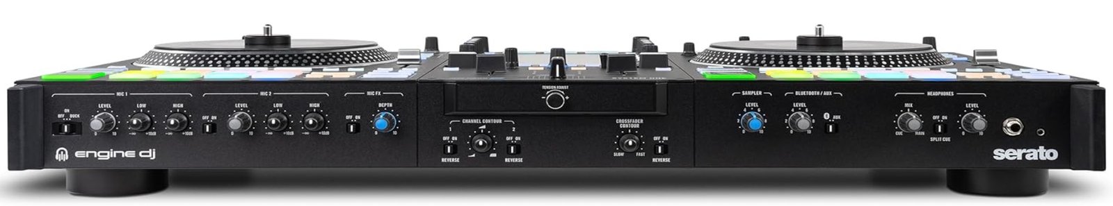 Rane System One standalone DJ system, front view showing motorised platters, central touchscreen and mixer section