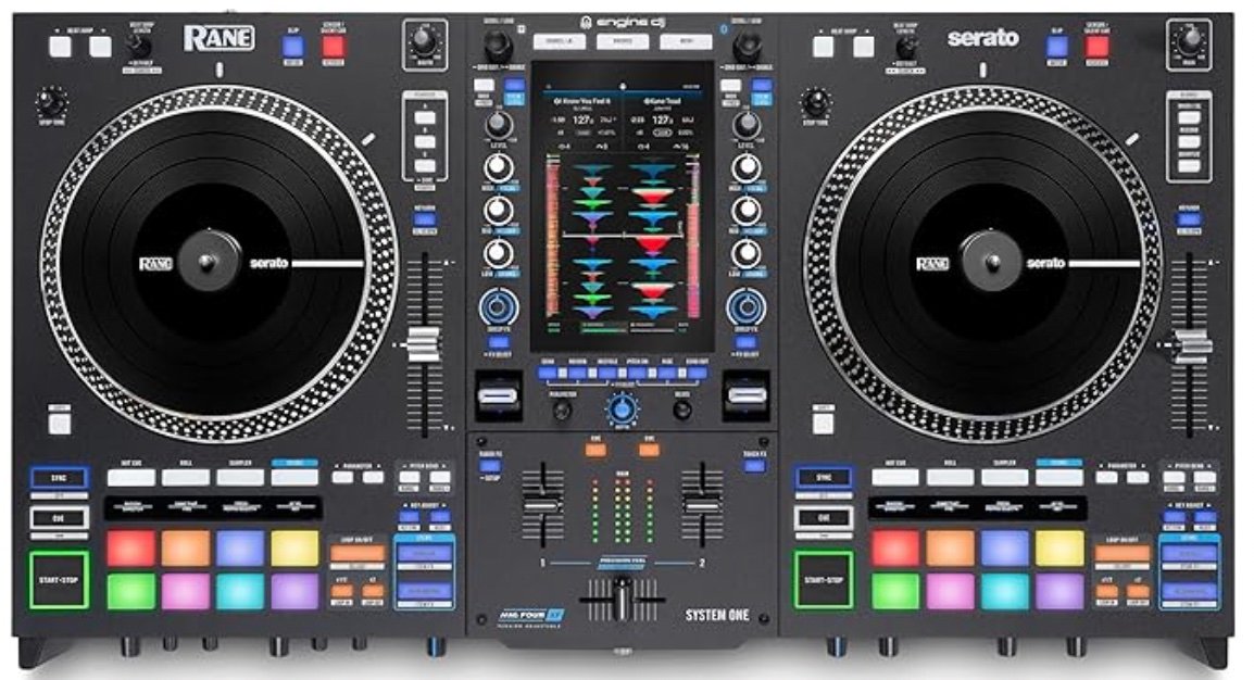 Rane System One top-down view showing the layout, performance pads, OLED displays and central touchscreen