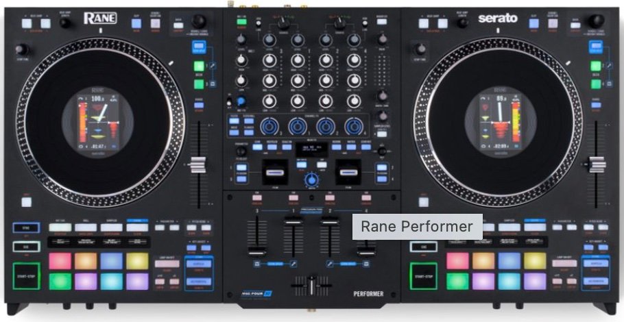 Rane Performer top view — dual motorized platters and 4-channel mixer section