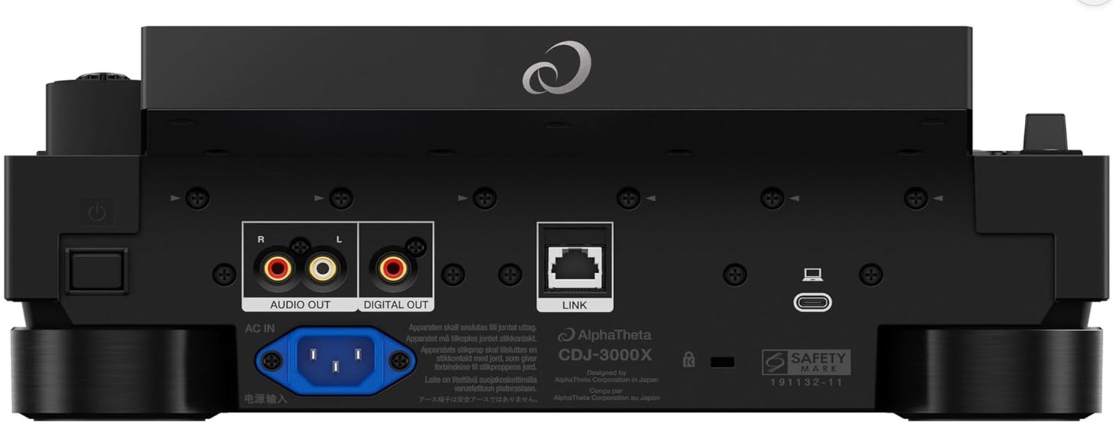 AlphaTheta CDJ-3000X rear panel showing USB-C, LAN, analog RCA and digital coaxial outputs