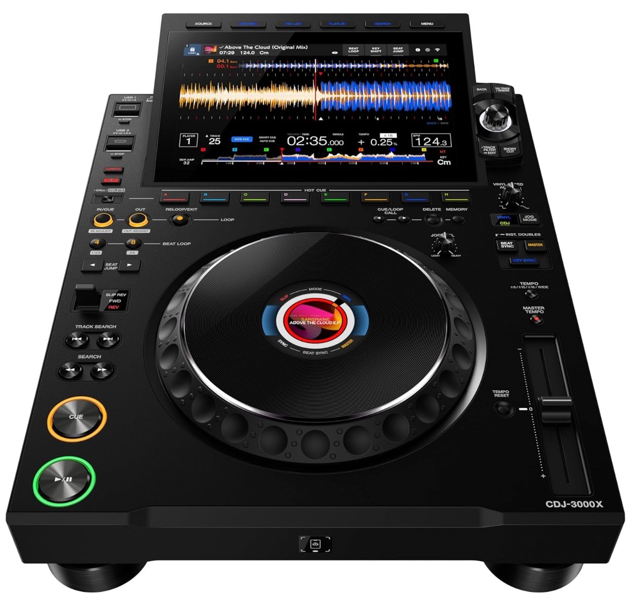 AlphaTheta CDJ-3000X top view showing the 10.1-inch touchscreen, jog wheel and hot cue buttons