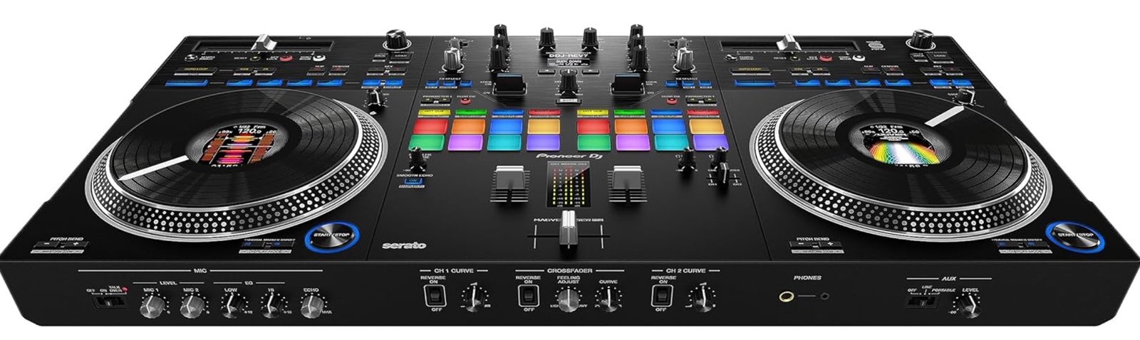Pioneer DJ DDJ-REV7 motorised Serato controller, front view showing dual platters and battle mixer layout