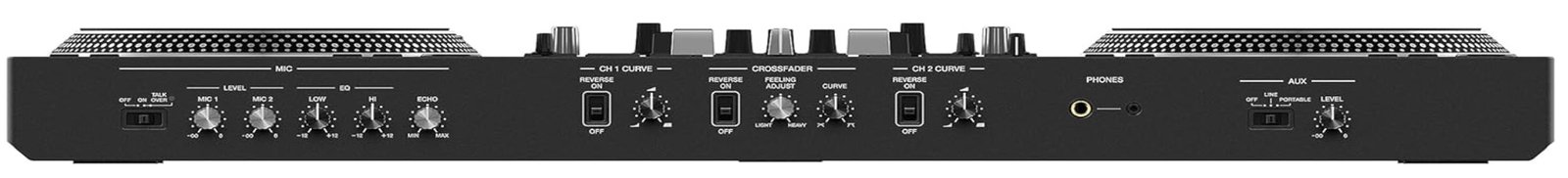 DDJ-REV7 rear panel showing balanced XLR master, booth, phono/line inputs, mic and dual USB-B ports