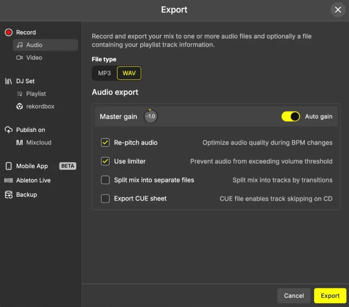 DJ.Studio export mix screen