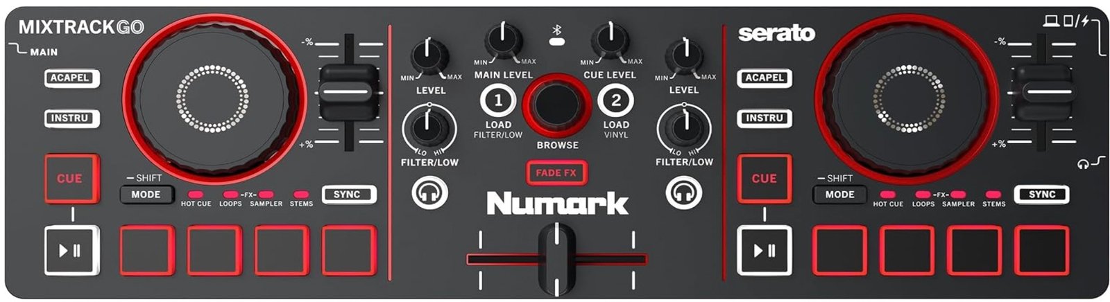 Numark MixTrack Go ultra-compact DJ controller, top-down view showing the slim two-deck strip layout with jog wheels and four pads per deck