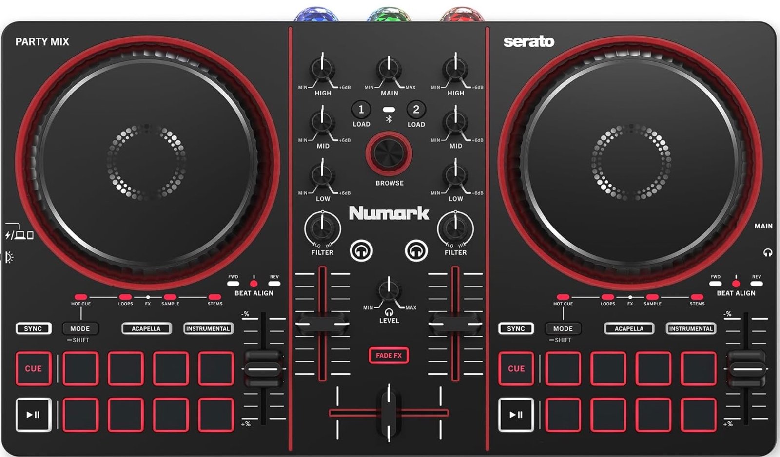 Numark Party Mix III DJ controller, top-down view showing the two-deck layout, jog wheels and eight performance pads per deck