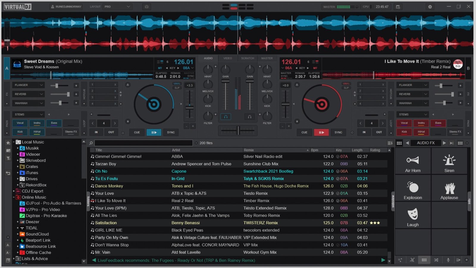 The main VirtualDJ 2026 interface, showing decks, waveforms and the mixer section