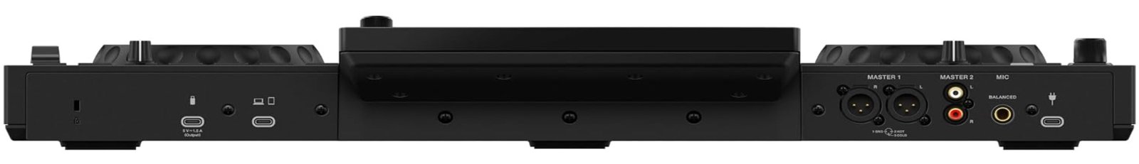 Rear panel of the AlphaTheta XDJ-AN showing the XLR and RCA master outputs, mic input, and three USB-C ports