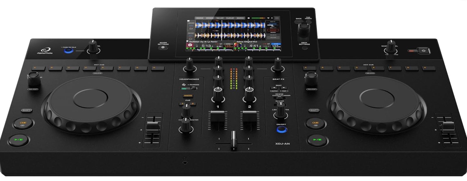 AlphaTheta XDJ-AN two-channel all-in-one DJ system, top-down view of the jog wheels, mixer section and 7-inch touchscreen