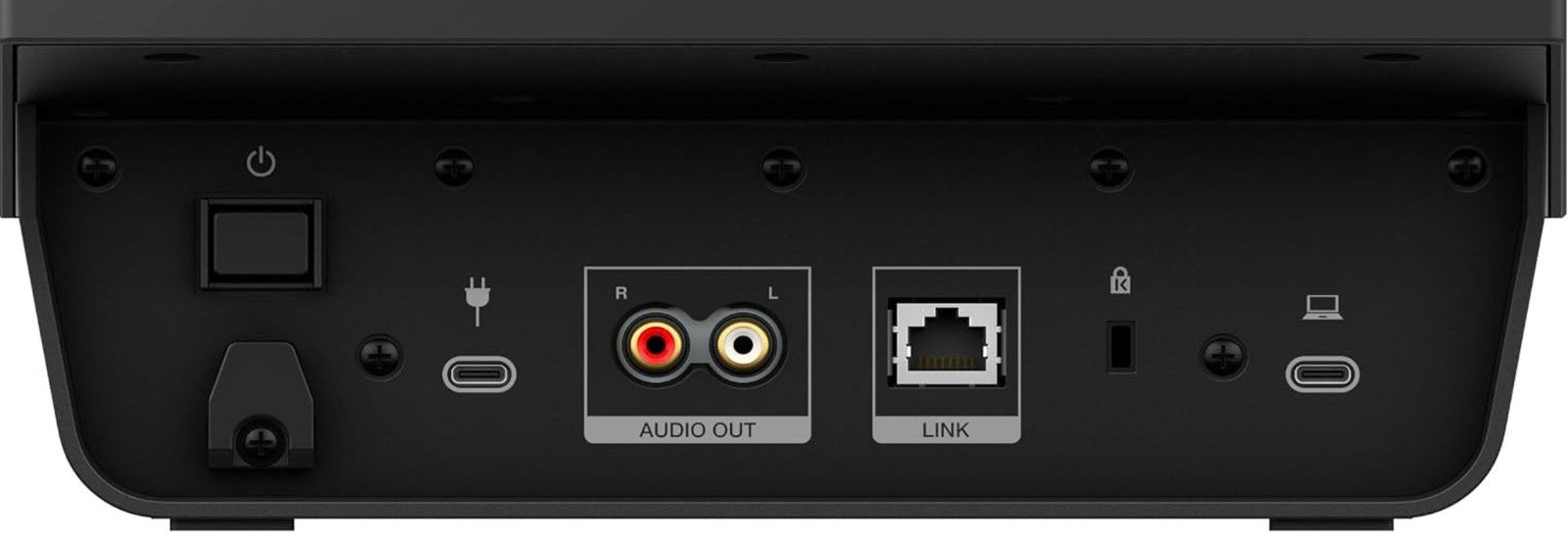 AlphaTheta CDJ-1500X rear panel showing USB-C power input, LAN port for PRO DJ LINK, RCA analogue output, a separate USB-C port for computer connection and a Kensington lock slot