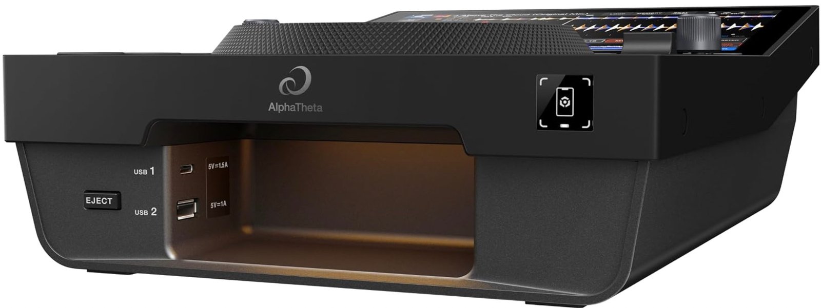AlphaTheta CDJ-1500X front view showing the 10.1-inch touchscreen dominating the top surface, mid-size jog wheel and eight Hot Cue buttons