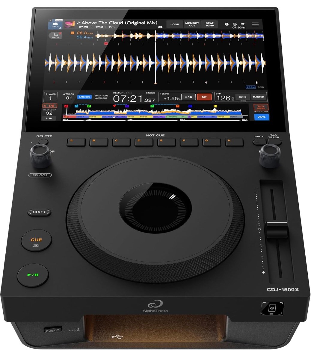 Top-down view of the AlphaTheta CDJ-1500X showing the matte black faceplate, large touchscreen, Beat Loop knob and illuminated front USB dock