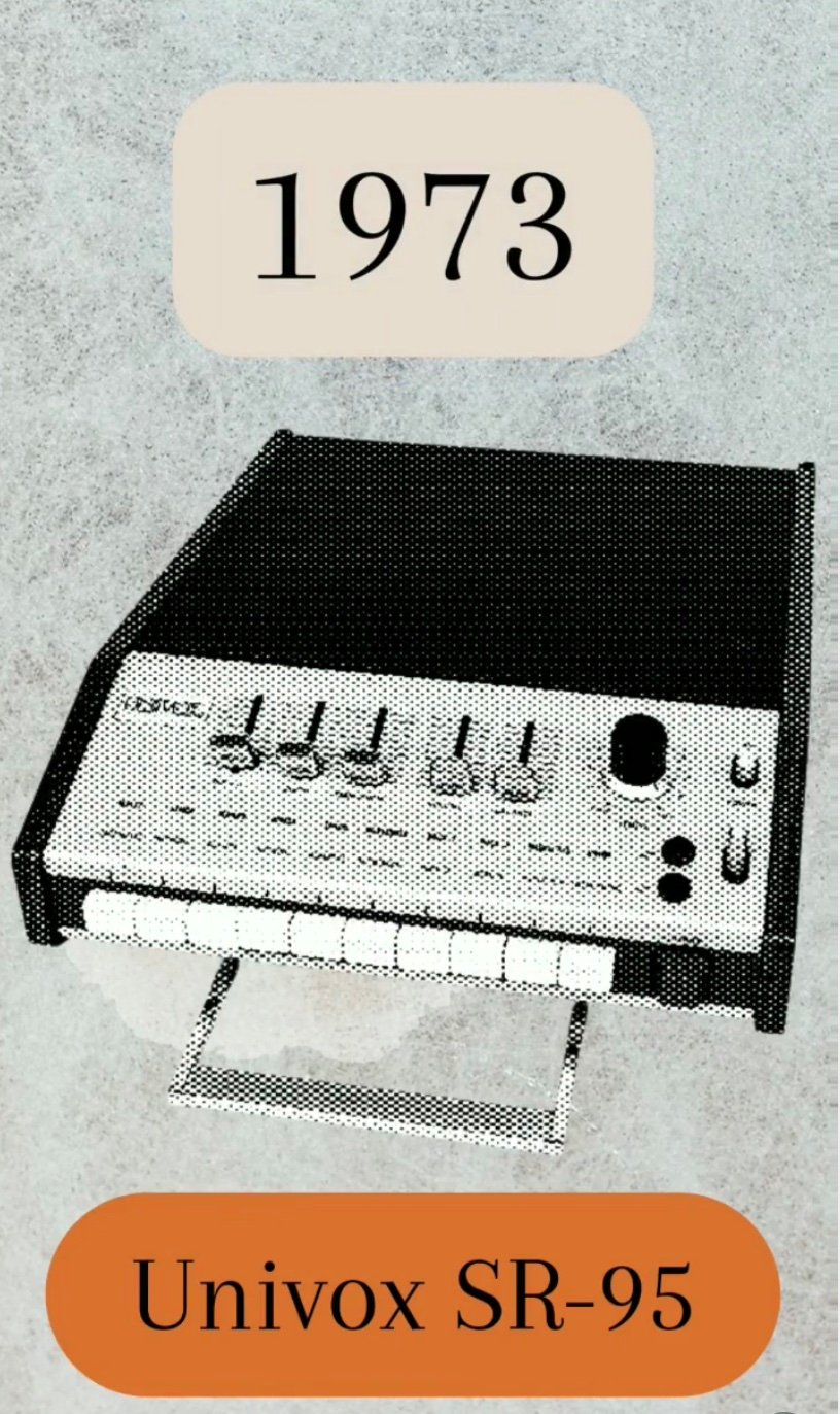 The Univox SR-95, a rebadged Korg Mini Pops 7 preset rhythm machine.
