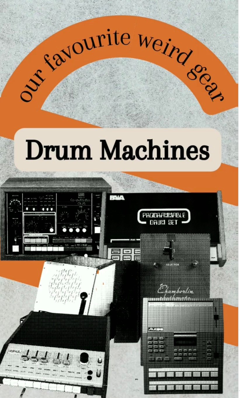 A collection of vintage and unusual drum machines in halftone black and white.