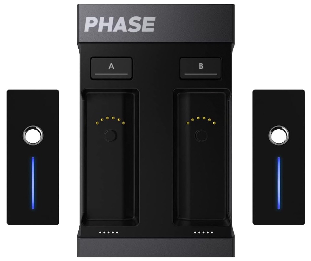 Phase Essential system: the Receiver dock with two Remotes and turntable, viewed from above