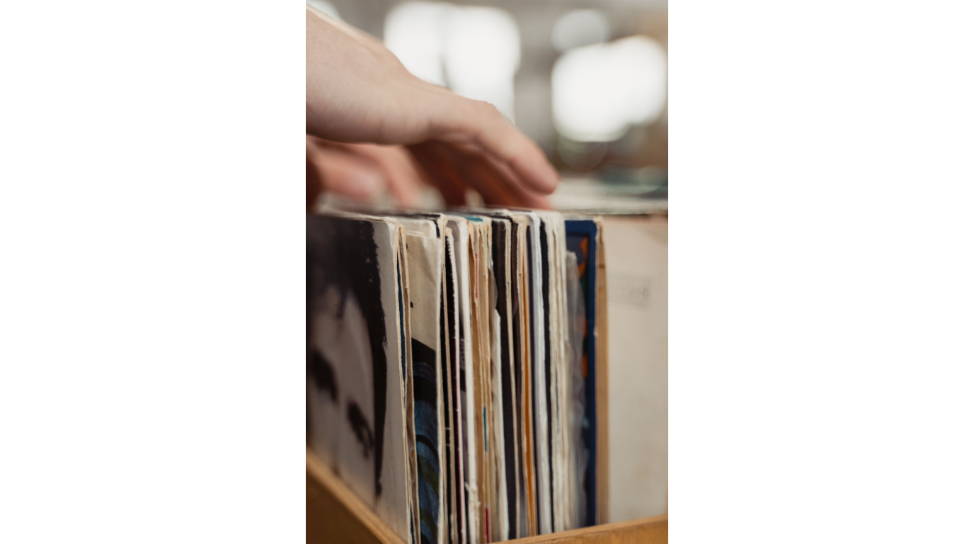 Crate of records used for DJ set curation