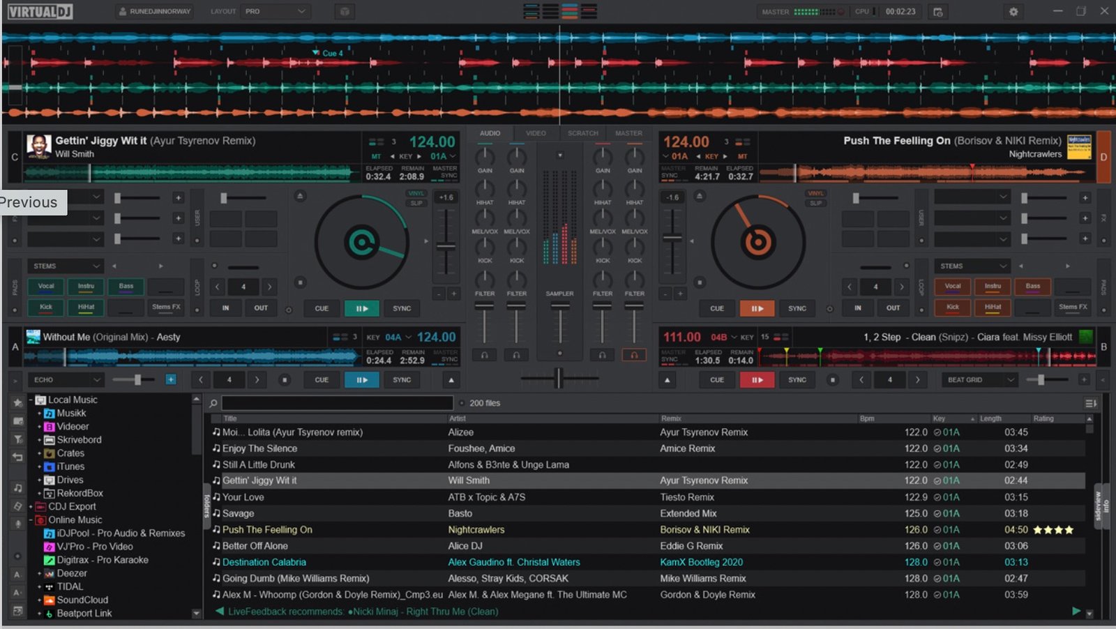 VirtualDJ 2026 four-deck view with waveforms and beatgrids