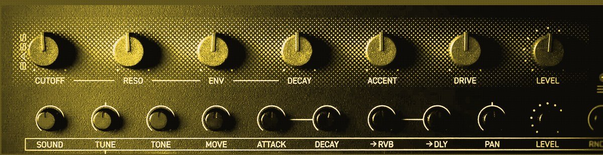 Close-up of the deconstruct MINIMAL bass synth control row showing cutoff, resonance, envelope, decay, accent, drive and level knobs
