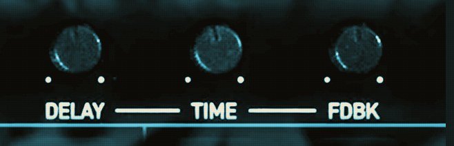 Close-up of the deconstruct MINIMAL delay controls showing delay send, time and feedback knobs