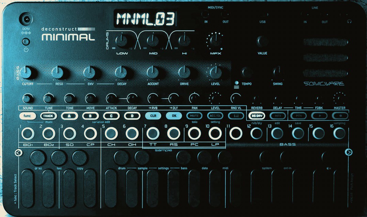 Top-down view of the Sonicware deconstruct MINIMAL groovebox showing the full control panel, step buttons and top-edge connectors
