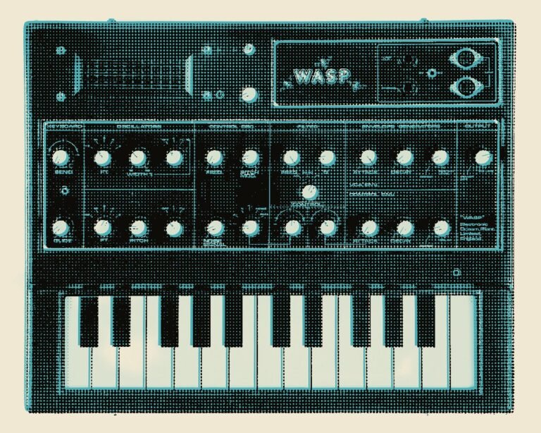 EDP Wasp synthesiser from above, showing its flat yellow-and-black touch keyboard, in a riso cyan and black treatment