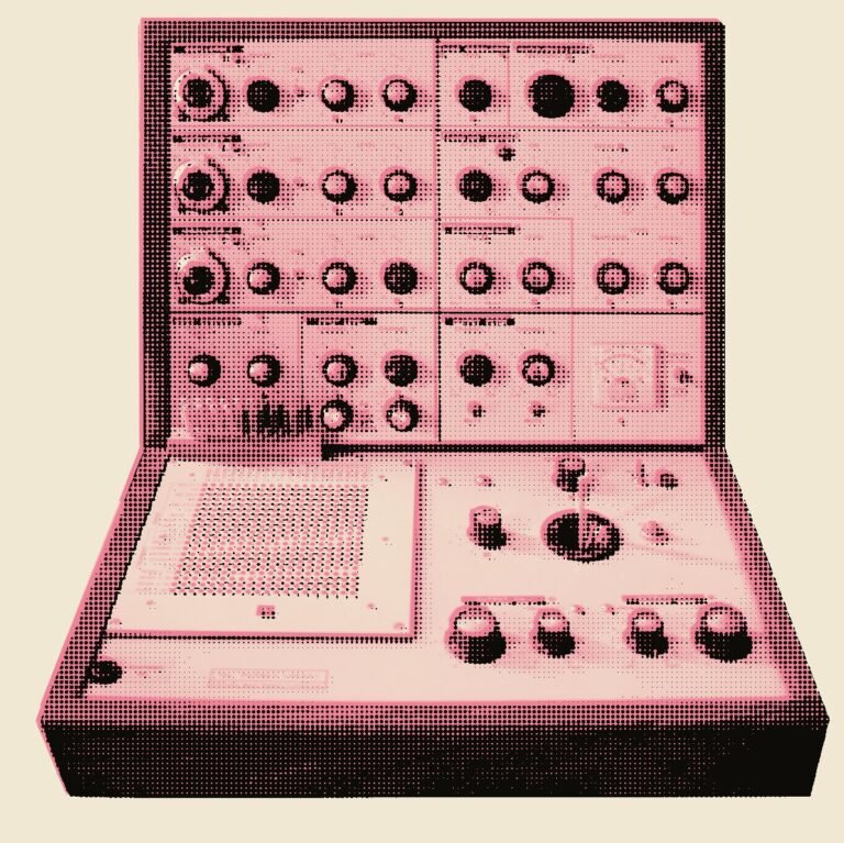 EMS VCS3 in its wooden case showing the pin matrix and joystick, in a riso pink and black treatment