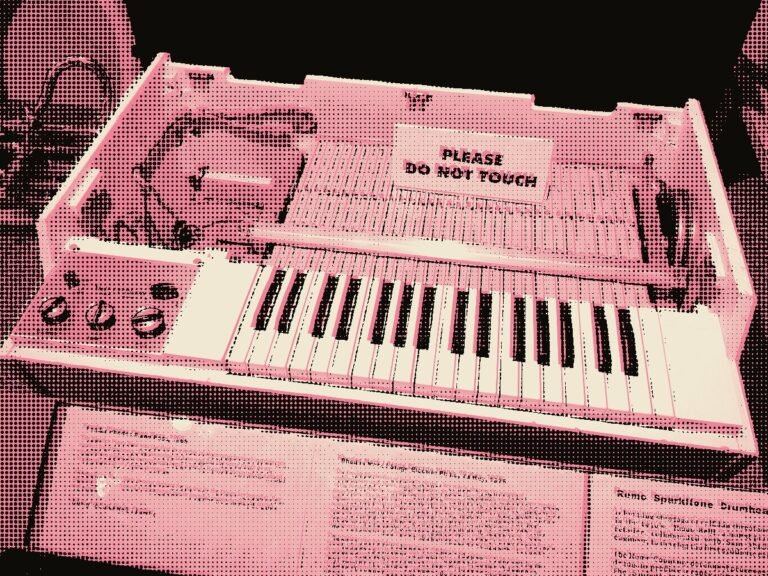Mellotron with its tape mechanism exposed, shown in a riso pink and black two-colour treatment