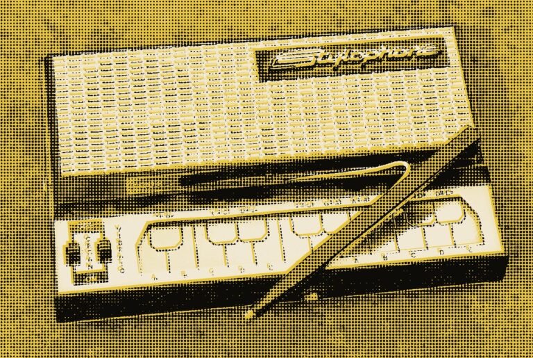 Original Stylophone with its stylus resting on the metal keyboard, in a riso yellow and black treatment