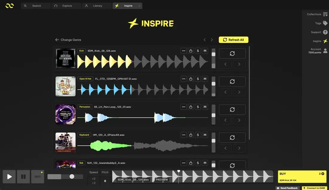 Loopcloud 8 Inspire view showing kick, open hi-hat, percussion, keyboard and sub rows with lock, solo, mute and refresh controls