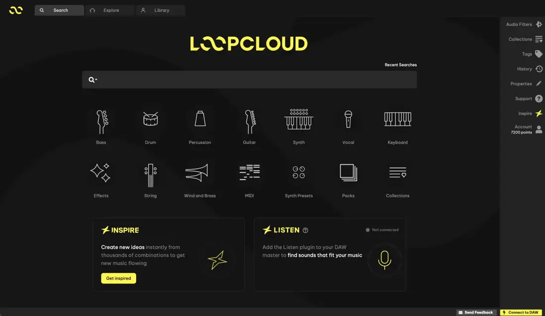 Loopcloud 8 main screen with instrument categories and Inspire and Listen panels